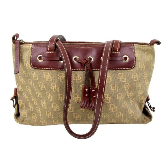DOONEY & BOURKE DB CANVAS BROWN GENUINE LEATHER TRIM SHOULDER BAG TOTE HANDBAG - Picture 4 of 16